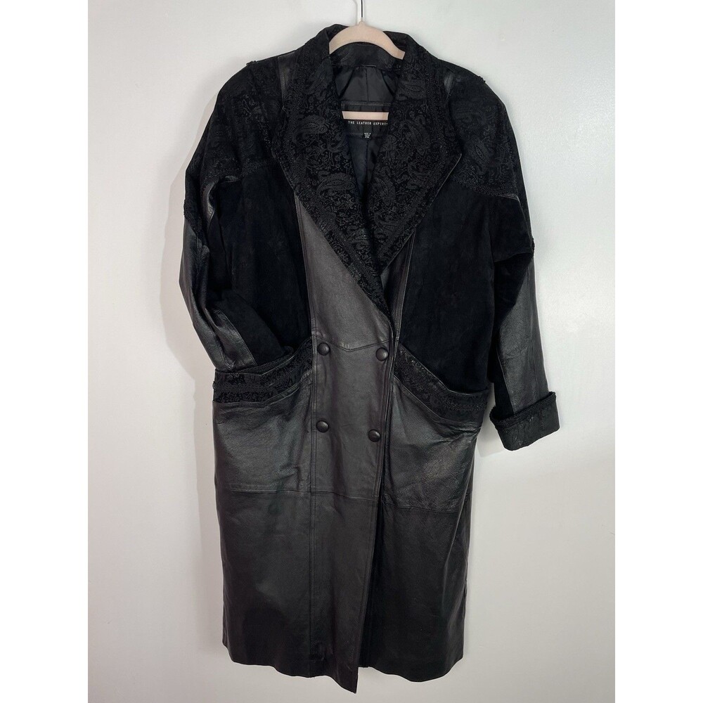 Vtg Wilsons Leather Trench Coat Women MP Suede Paisley Moto Double Breast 80s